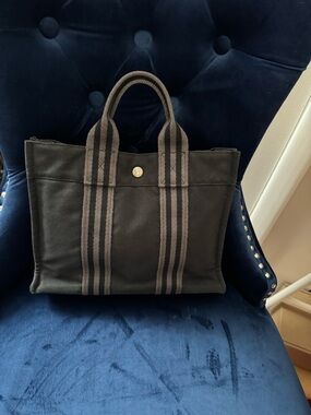 HERMES Black Canvas Tote Bag with Stripe Handles